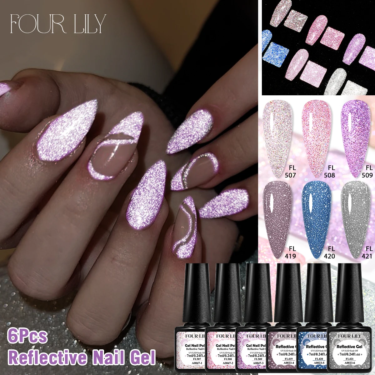 

6pcs 7ml Reflective Glitter Nail Gel Polish Shiny Nude Pink Liquid UV LED Soak Off Semi-Permanent Sparkle Varnish for Nail Art