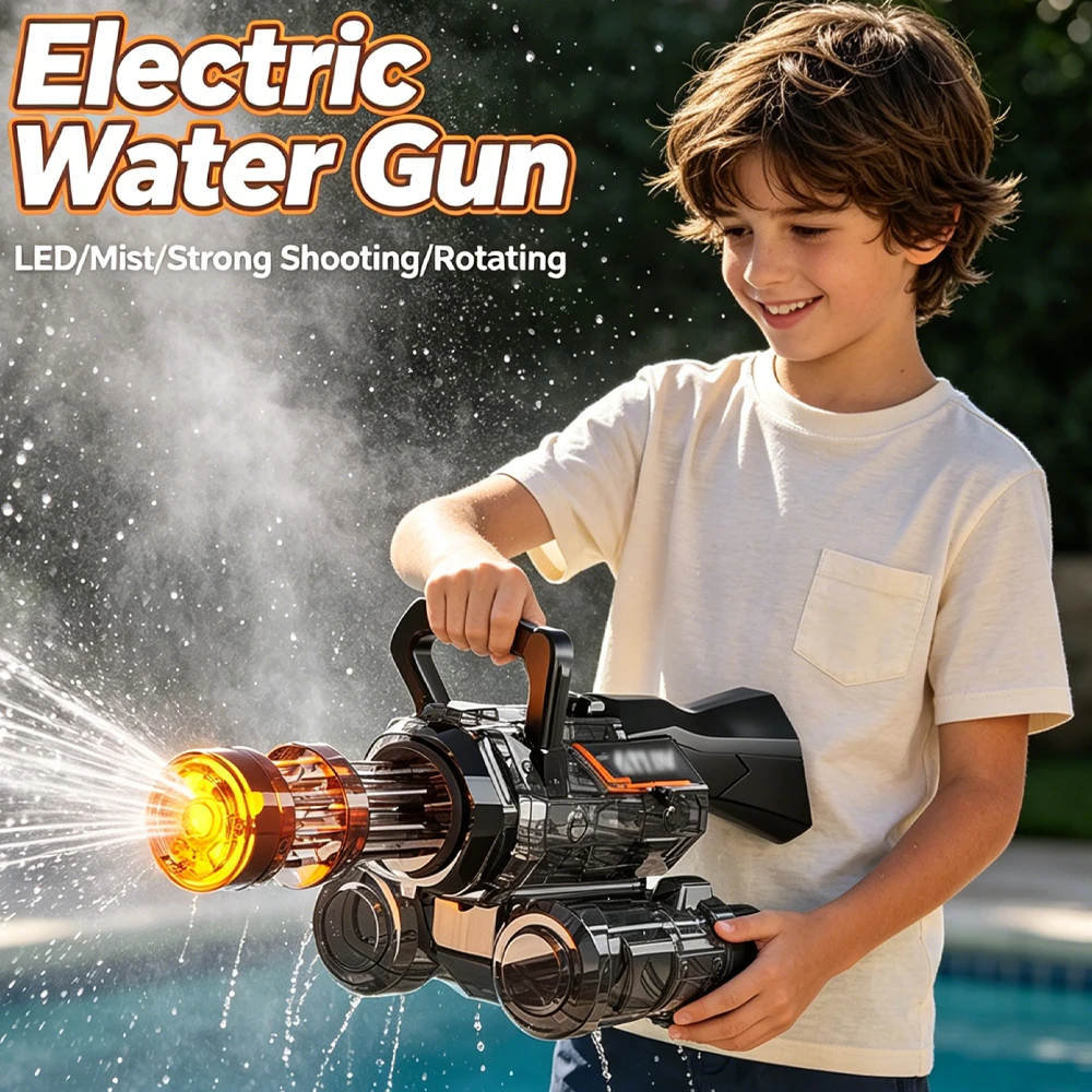 

Electric Water Gun Toy LED Mist Strong Water Spray Blaster Large Capacity Rotating Barrel Pool Outdoor Toys for Boys Kids
