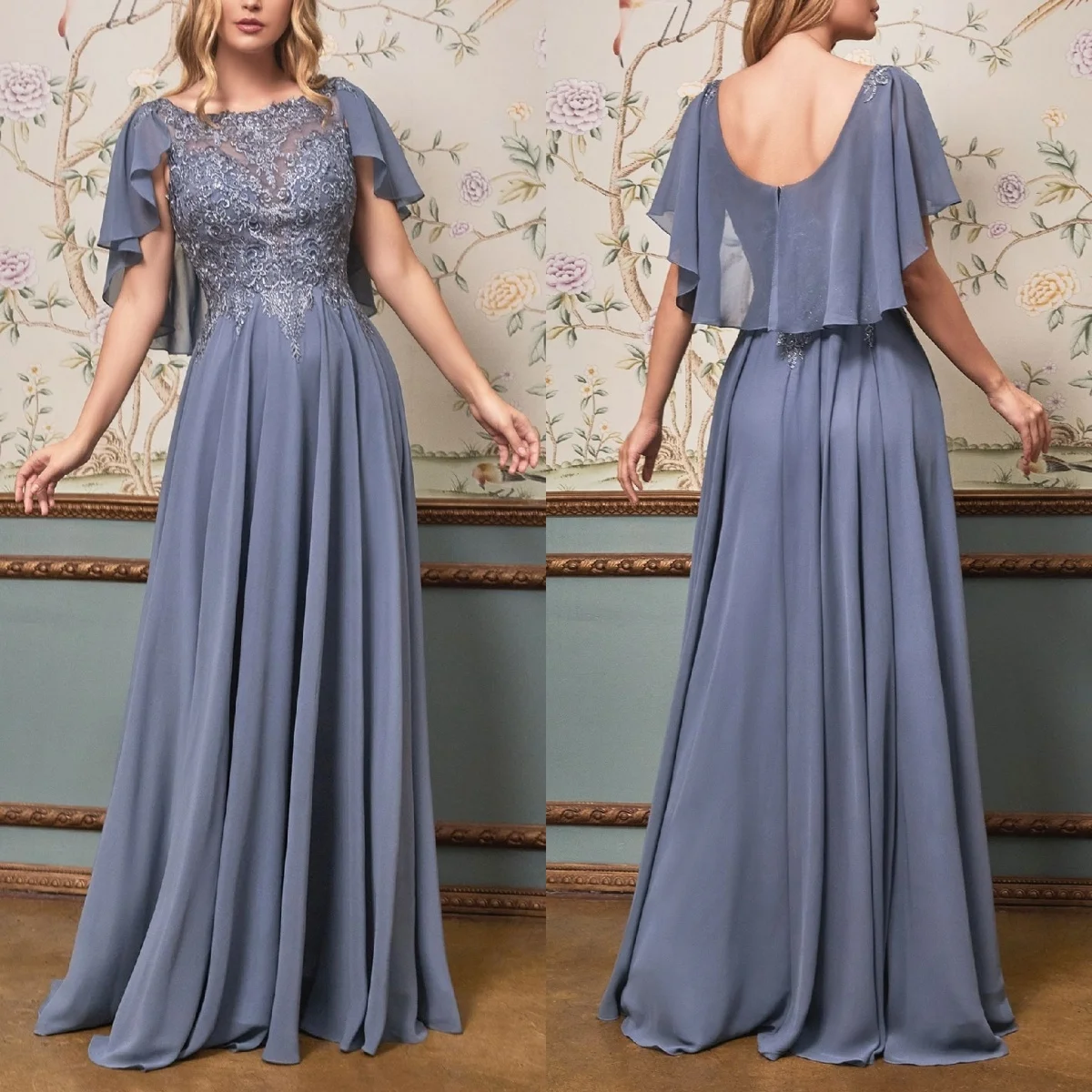 

Soft Chiffon Chic Mother of the Bride Dresses Backless Cloak A-line Cap Sleeve Elegant Women's Evening Gowns Wedding Guest Dress