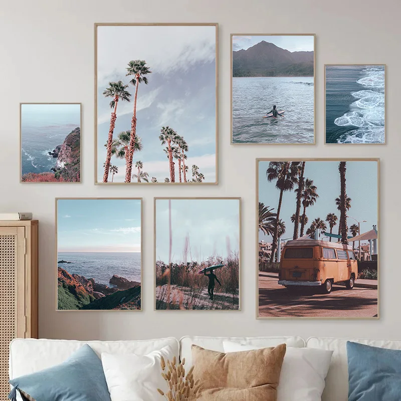 Nordic Beach Landscape Palm Tree Bus Wave Reef Bunker Posters Canvas Painting Living Room Interior Sofa Wall Art Decor Pictures