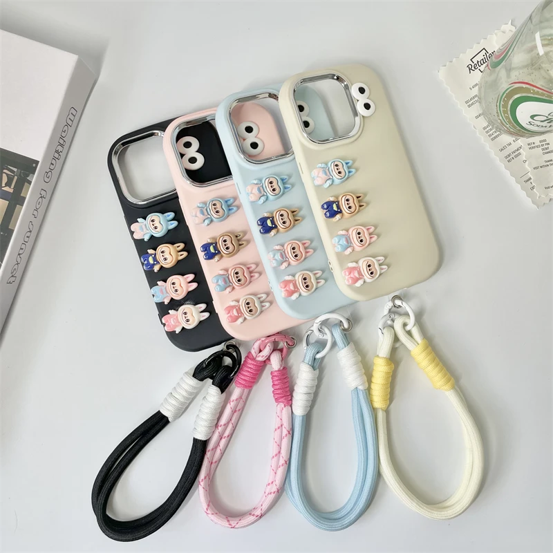 3D Labubu Cartoon Phone Case For iPhone 7 8 Plus X XR XS Max SE With Wrist Strap Cute Eyes Soft Cover