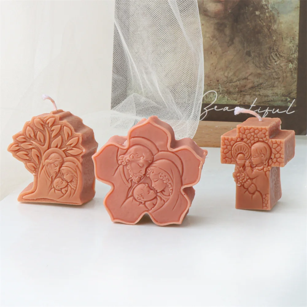 Mini Flat Virgin Jesus Holy Family Candle Silicone Mold Oval Round Heart-shaped Cross Sculpture Resin plaster Making Home Decor