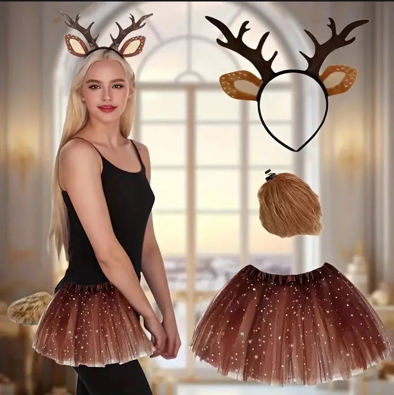 مجموعة أزياء الرنة تنورة توتو مع ربطة رأس ربطة عنق على شكل قرن الوعل لحفلات الهالوين وأعياد الميلاد على شكل حيوانات