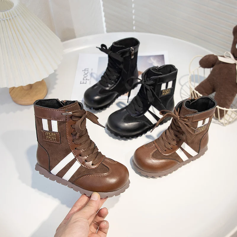 Girls' Spring and Autumn Zipper Design Anti-slip Round-headed Short Boots Children's Sewing Design Comfortable Fashion Boots