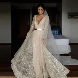 Champagne Glitter Two Pieces Wedding Dresses With Deatachable Coat Gold Sash 2026 Puff Long Sleeves V Neck Bride Gown Customized