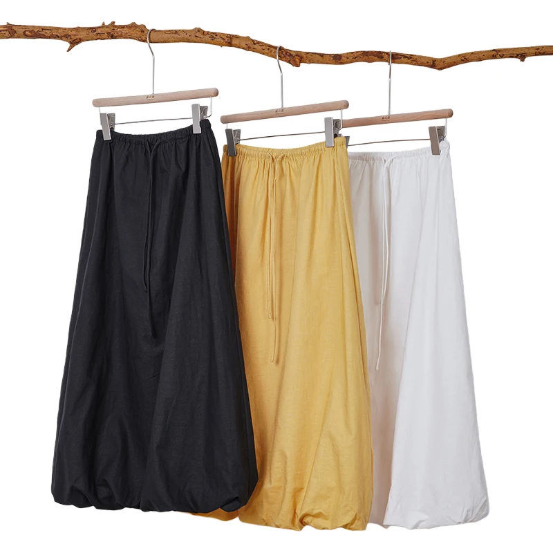 Femmes coton lin jupes taille haute taille élastique jaune blanc fleur bourgeon a-ligne été nouveauté élégant décontracté jupe longue