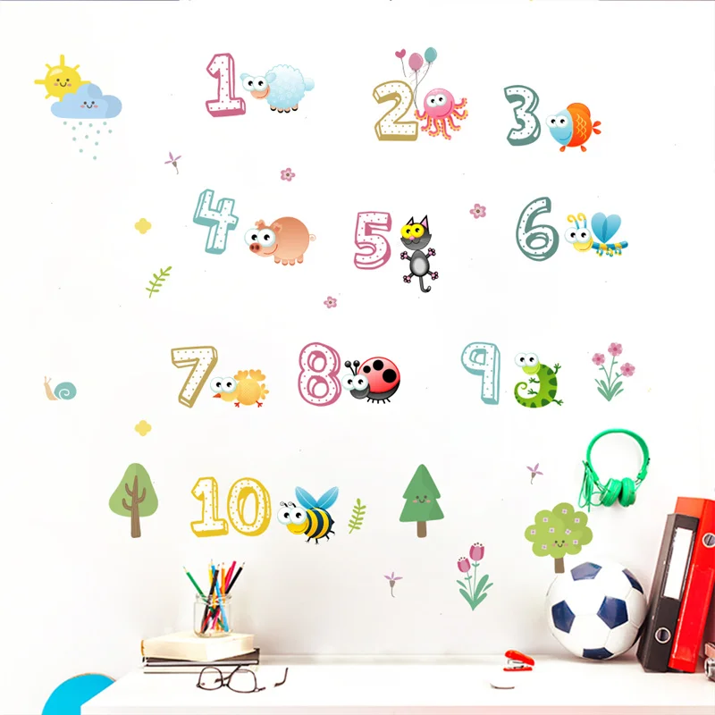 Cartoon Animal Arabic Numbers Wall Stickers For Classroom Kids Room Home Decoration Nursery Mural Art Decal Educational Poster
