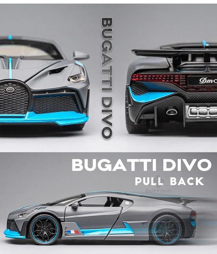 Alloy Diecasts Metal Toy Car para crianças, veículos Bugatti Divo, modelo de carro em miniatura com luz, brinquedos para meninos, presente de Natal