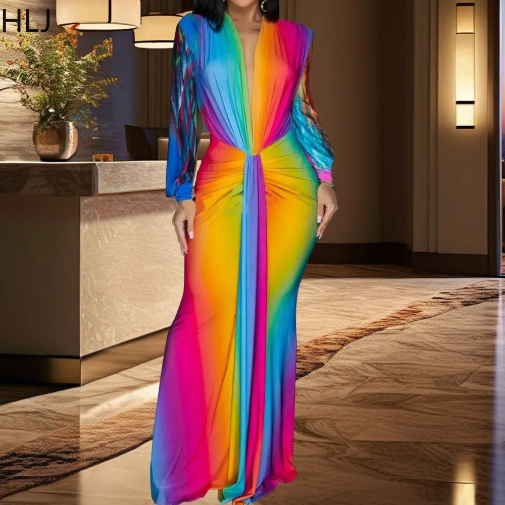 

HLJ Autumn New Elegant Rainbow Colors Long Maxi Dresses Women Long Sleeves Ruched Patchwork Dress Female Streetwear Vestidos