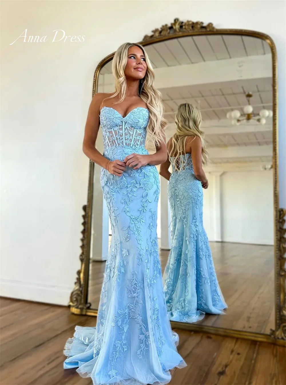 Anna Evening Dresses Woman Elegant Luxury Evening Dress 2024 Embroidered Lace Sky Blue Fish Tail Party Dress for Wedding Prom