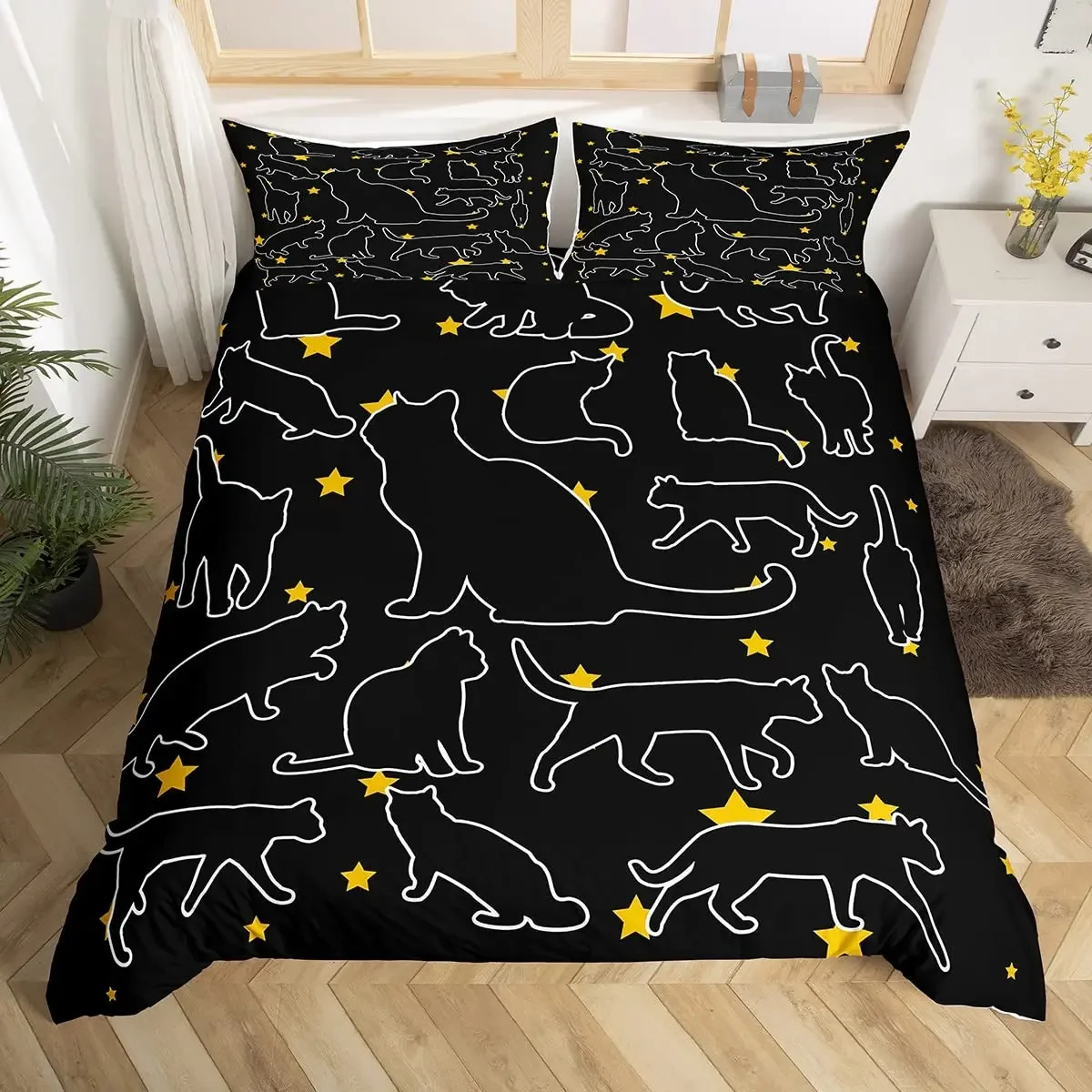 Cat Duvet Cover Set, Black Cat Silhouettes in Different Poses Decorative 3 Piece Bedding Set with 2 Pillow Shams,Queen Full Size