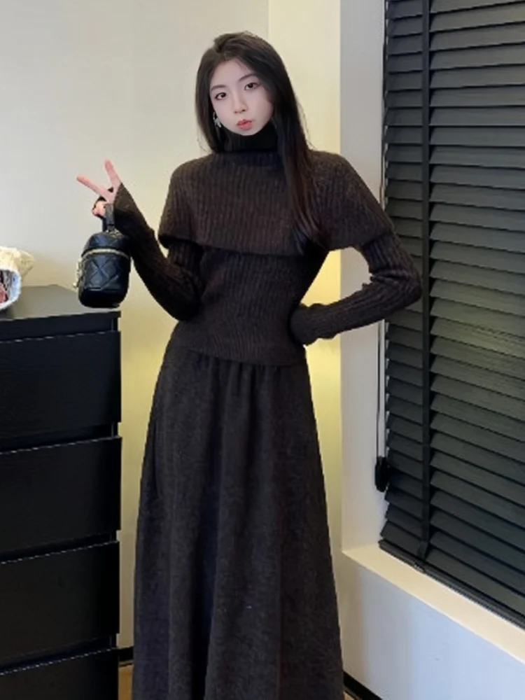 2024 Autumn French High Collar Long Sleeve Knitted Set for Women Autumn and Winter Simple Solid Color Trendy Three-piece Set