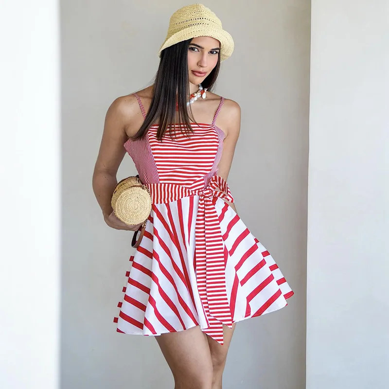 

European American Cross-border Women's Clothing 2026 Spring New Fashionable Sweet Halter Patchwork Striped Backless Short Dress