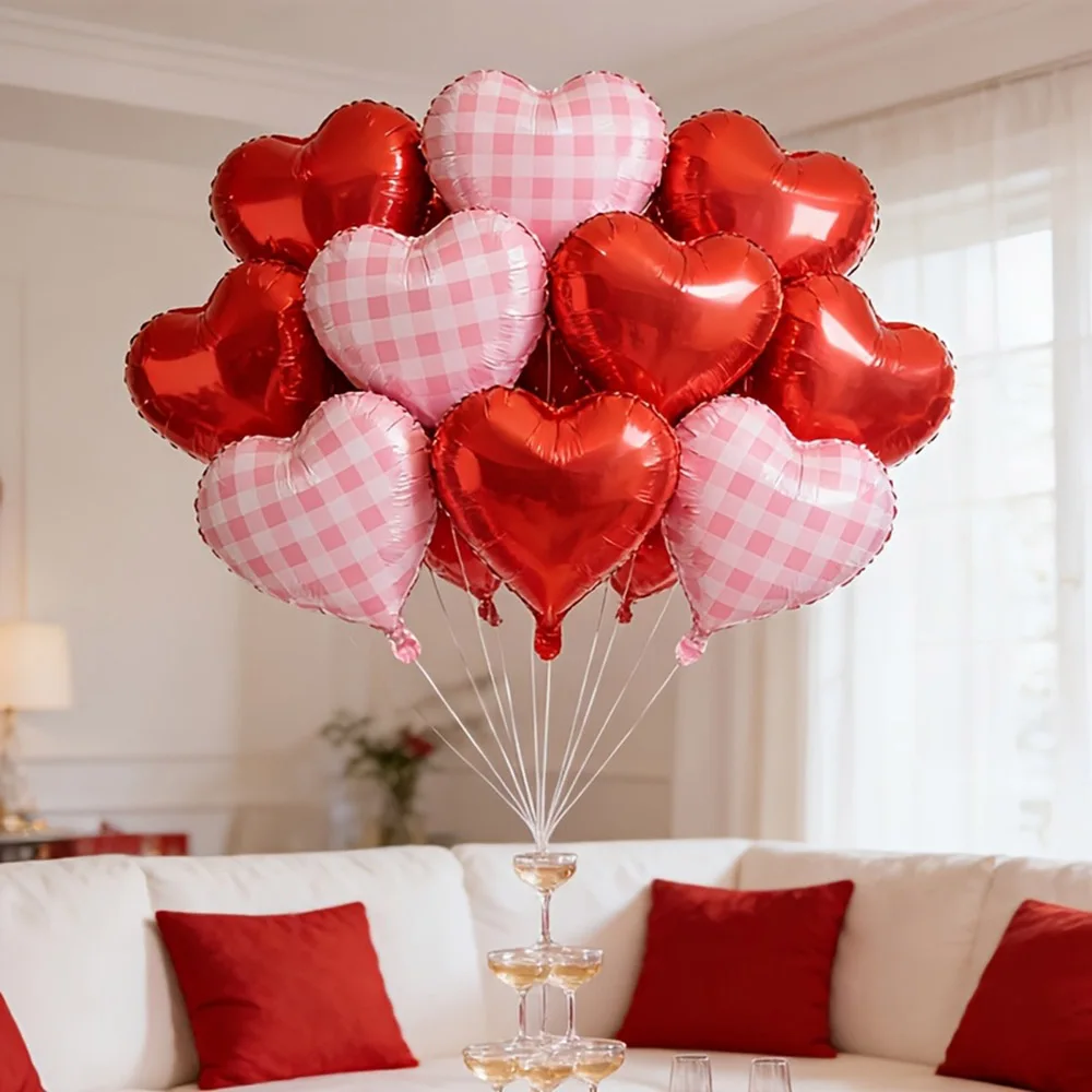 13-teiliges 18-Zoll-Ballon-Set mit rot-rosa karierten herzförmigen Aluminiumfolien, geeignet für Valentinstag, Hochzeit, Geburtstag, Party, Luftballons