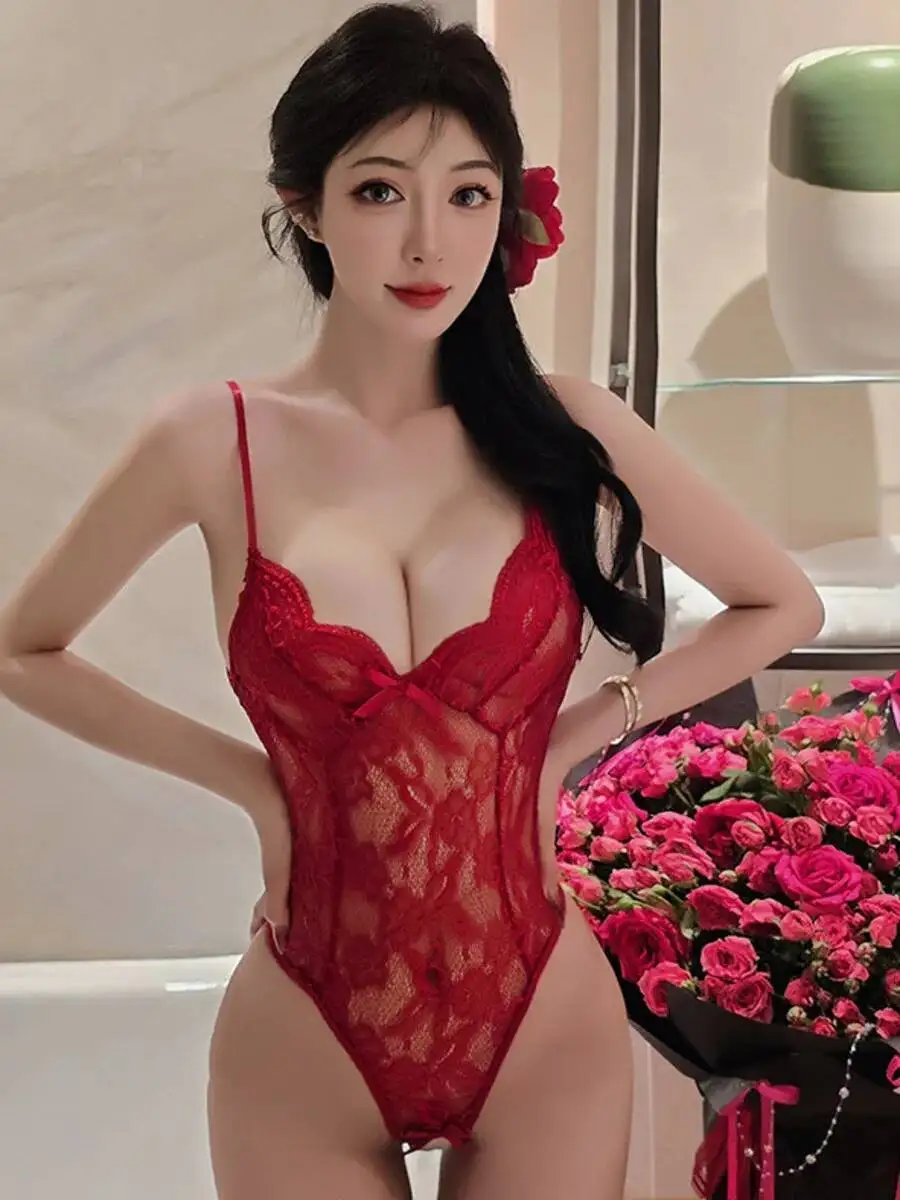 บอดี้สูทเซ็กซี่แบบใหม่สำหรับผู้หญิง บอดี้สูทสีพื้น ปักลายดอกไม้ เปิดหลัง คอลึก สายเดี่ยว ไร้แขน โปร่งใส ROQP