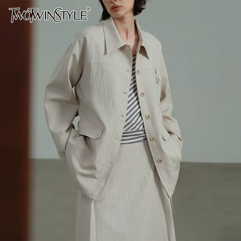 TWOTWINSTYLE Pocketed Spliced Drawstring Loose Jacket for Women Lapel Collar Long Sleeve Patchwork Button Midi Jackets Female