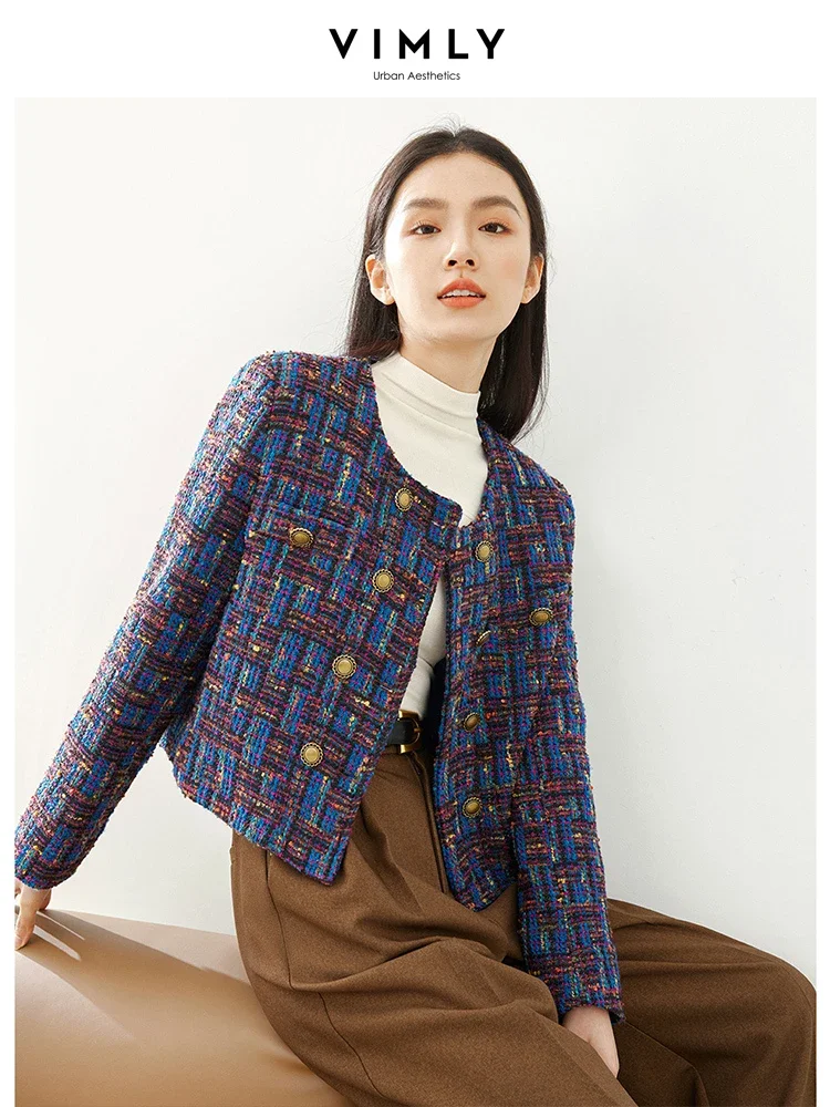 VIMLY Cropped Tweed Jacket for Women 2024 Spring Elegant Contrast Plaid Double Breasted Short Woolen Coat Female Outerwear 16106