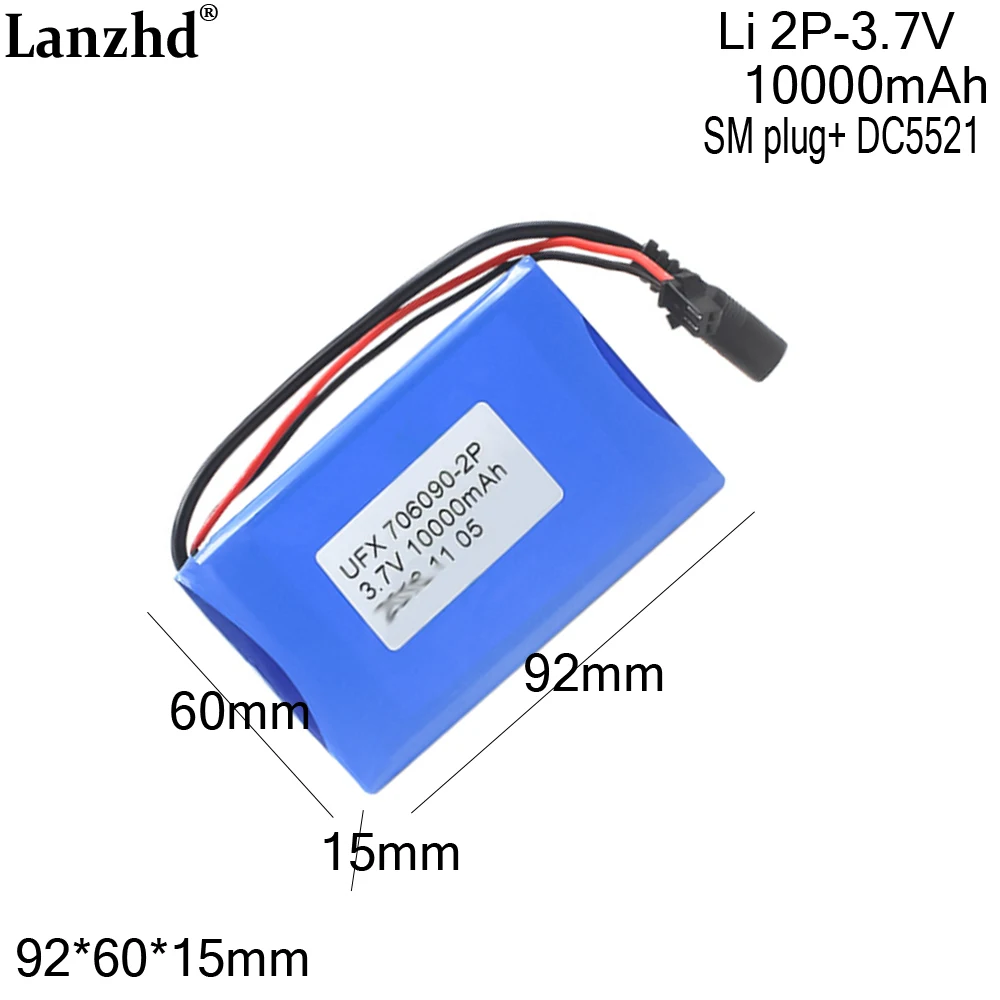 3.7V Polymer lithium battery pack 706090 2P 10000mAh For medical equipment lamp positioner with SM plug and DC charger