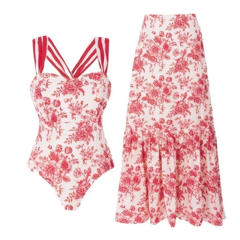 2Pc Striped Sexy Bandeau Push-Up Bikini with Bow Tie One Piece Swimsuit Female Swimwear Cover-Up Beachwear for Women