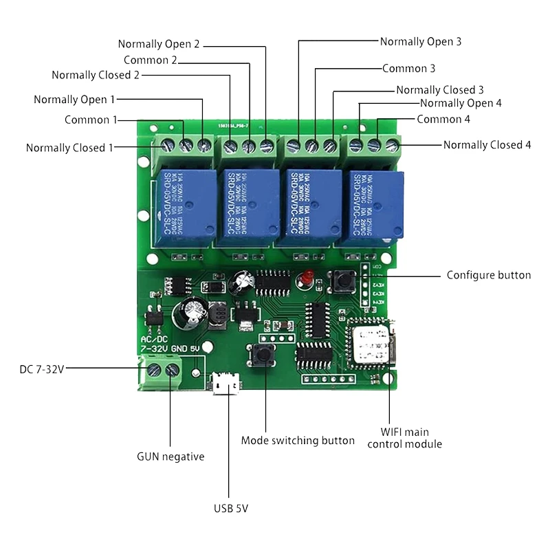 4 Channel Wifi Momentary Inching Relay Self-Lock Switch Module,DIY Wifi Garage Door Controller (5-32V)