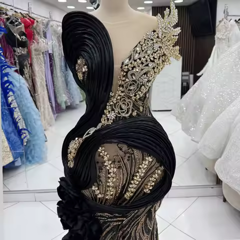 Luxury Black Gold Crystal Mermaid Evening Dress Beaded Side Tail 3D Flowers Ball Dress Dubai Formal Occasion Dress Customized