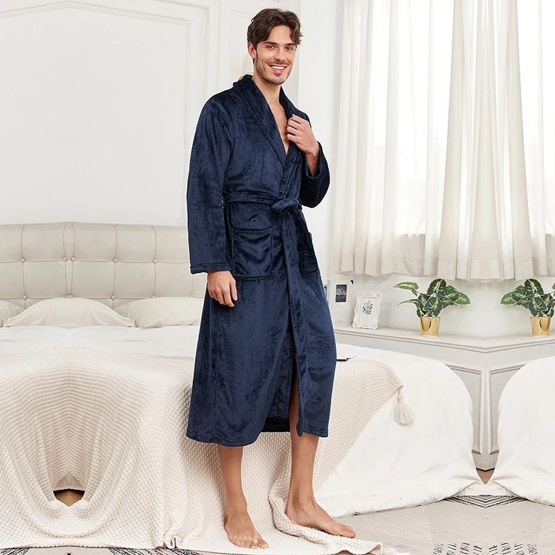 Oulylan Flannel Nightgown with Pockets Long Sleeve Lace-up Open Front Knee-Length Bathrobe Men Lounge Sleepwear