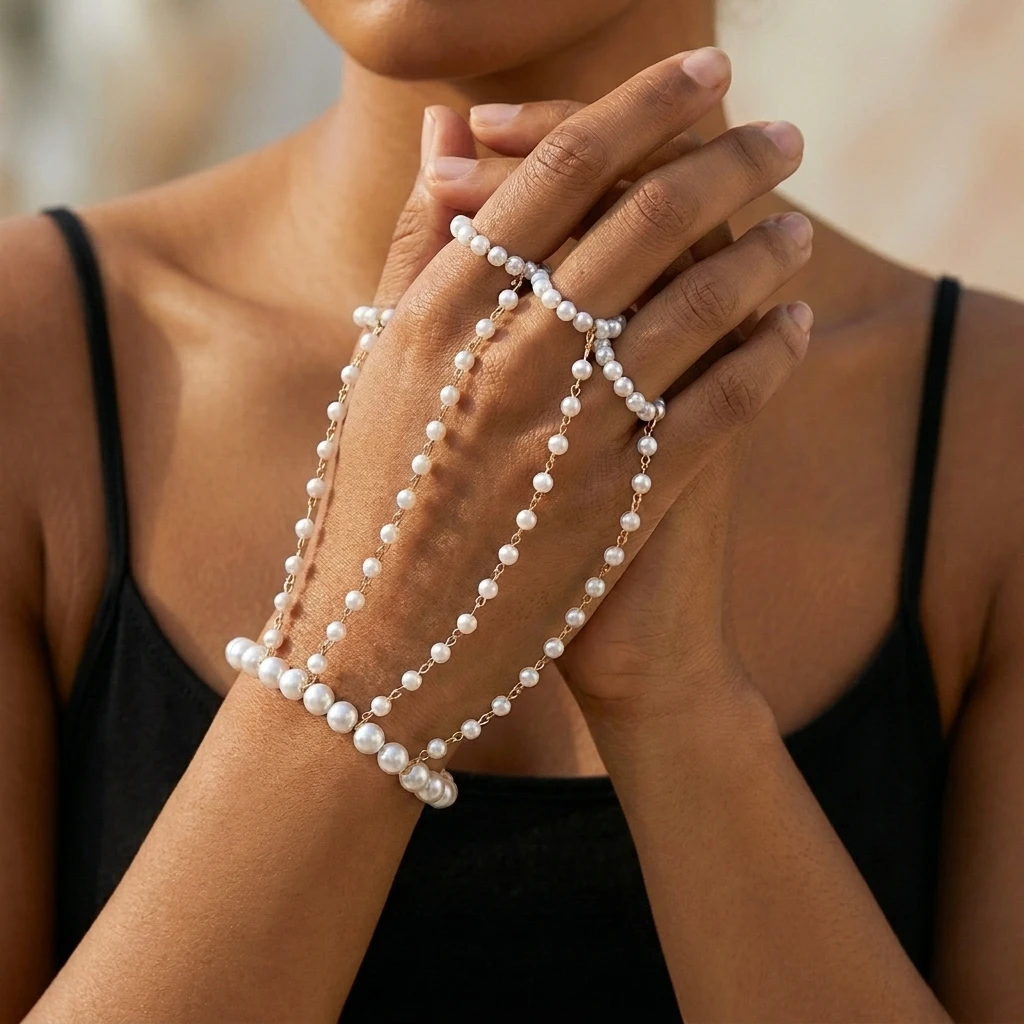 Fashion Imitation Pearl Connected Finger Ring Bracelets For Women Simulated Pearl Tassel Link Chain Bracelet Party Jewelry Gifts