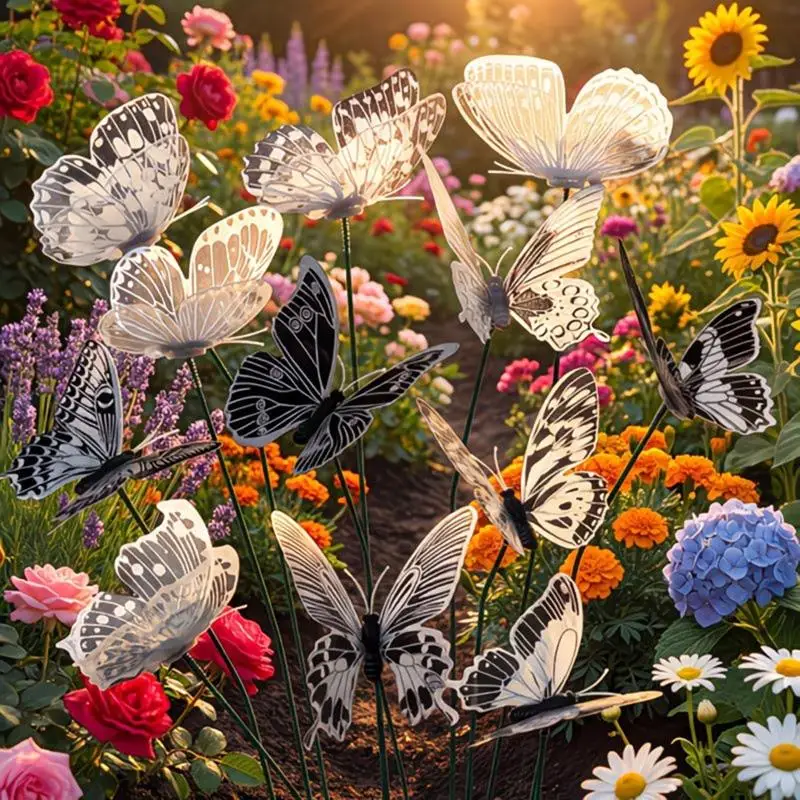 10/30pcs 3D Black White Faux Butterfly Garden Stake, Flower Vase Outdoor Garden Patio Party Decoration Accessories