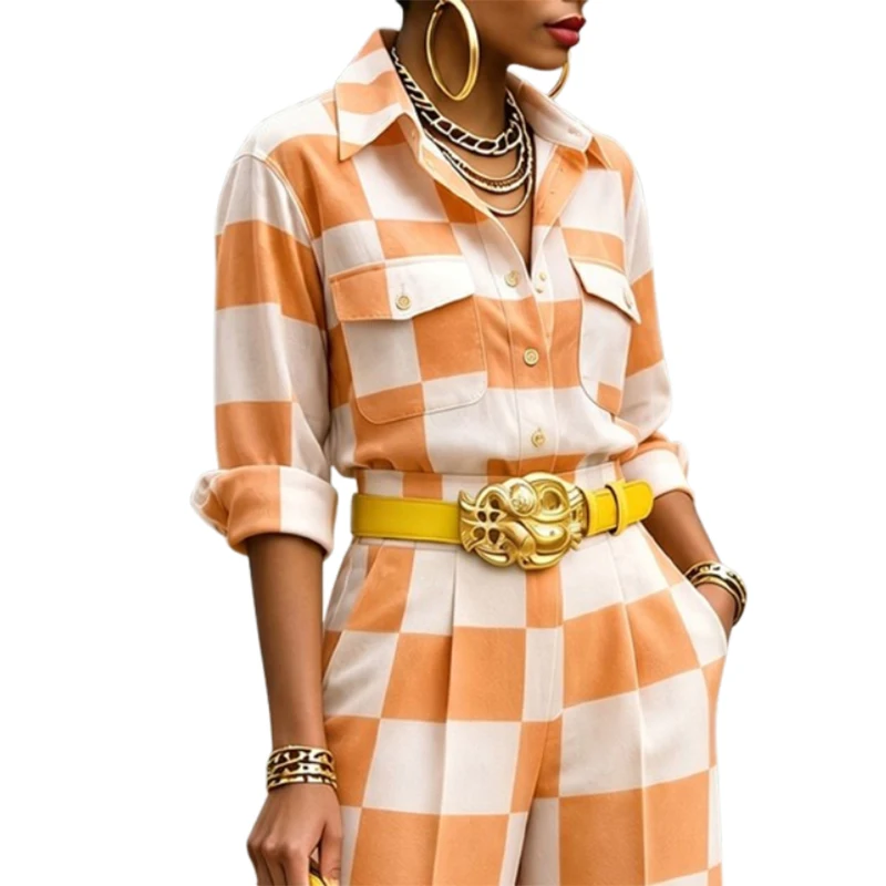 Yeezzi Women Fashion Orange White Plaid Lapel Blouses 2026 New Long Sleeves Loose Pockets Casual Office Shirts Tops For Ladies view 2