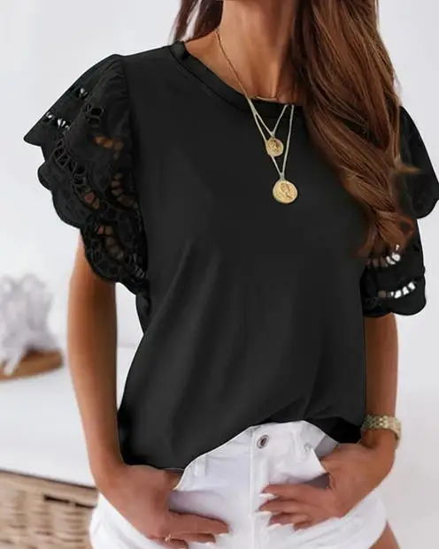

Summer Round Neck Solid Color Hollow Burn Flower Flying Sleeve Slim Fit T-Shirt Top for Women Elegant Slim Fit T-Shirt