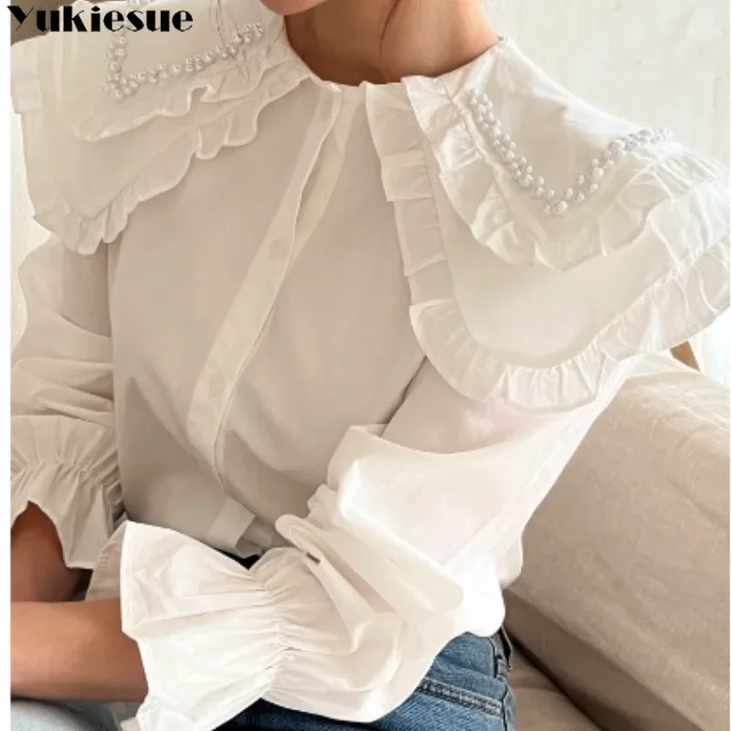 Spring Summer Frill Shirt 2023 Big Peter Pan Collar Ruffle Women Blouse Long Sleeve Cotton Casual Tops Female Loose Design sense