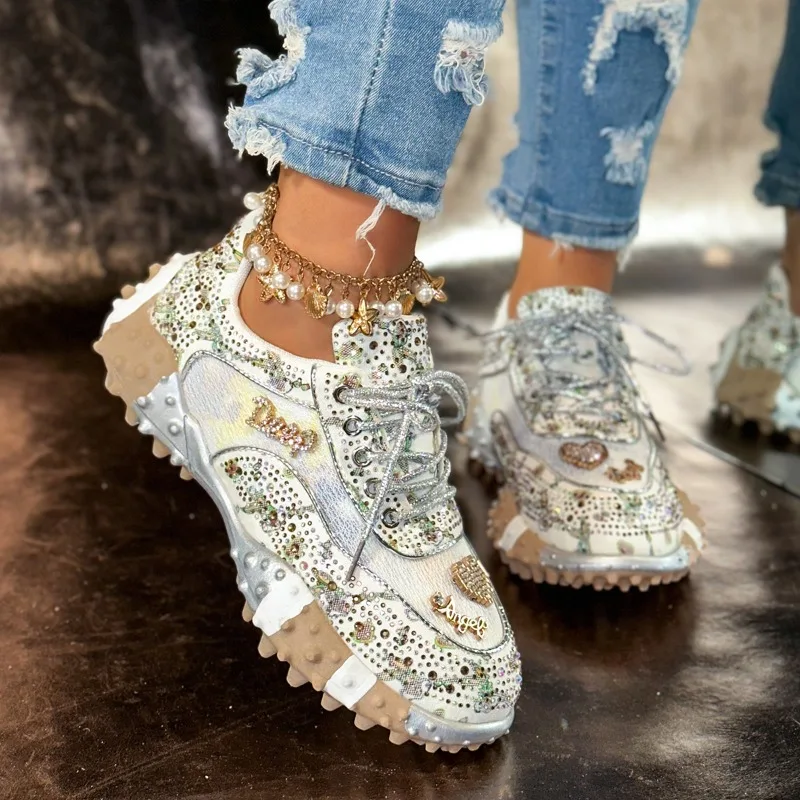 

Women Non Slip Running Shoes Luxury Crystal Metal Decorated Sports Shoes Comfortable Breathable Casual Wear-resistant Shoes