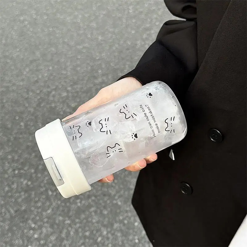 500ml Cute Cat Print Leakproof Straw Cup Portable Reusable Water Bottle for Women Girls Coffee Milk Juice Office School Travel view 4