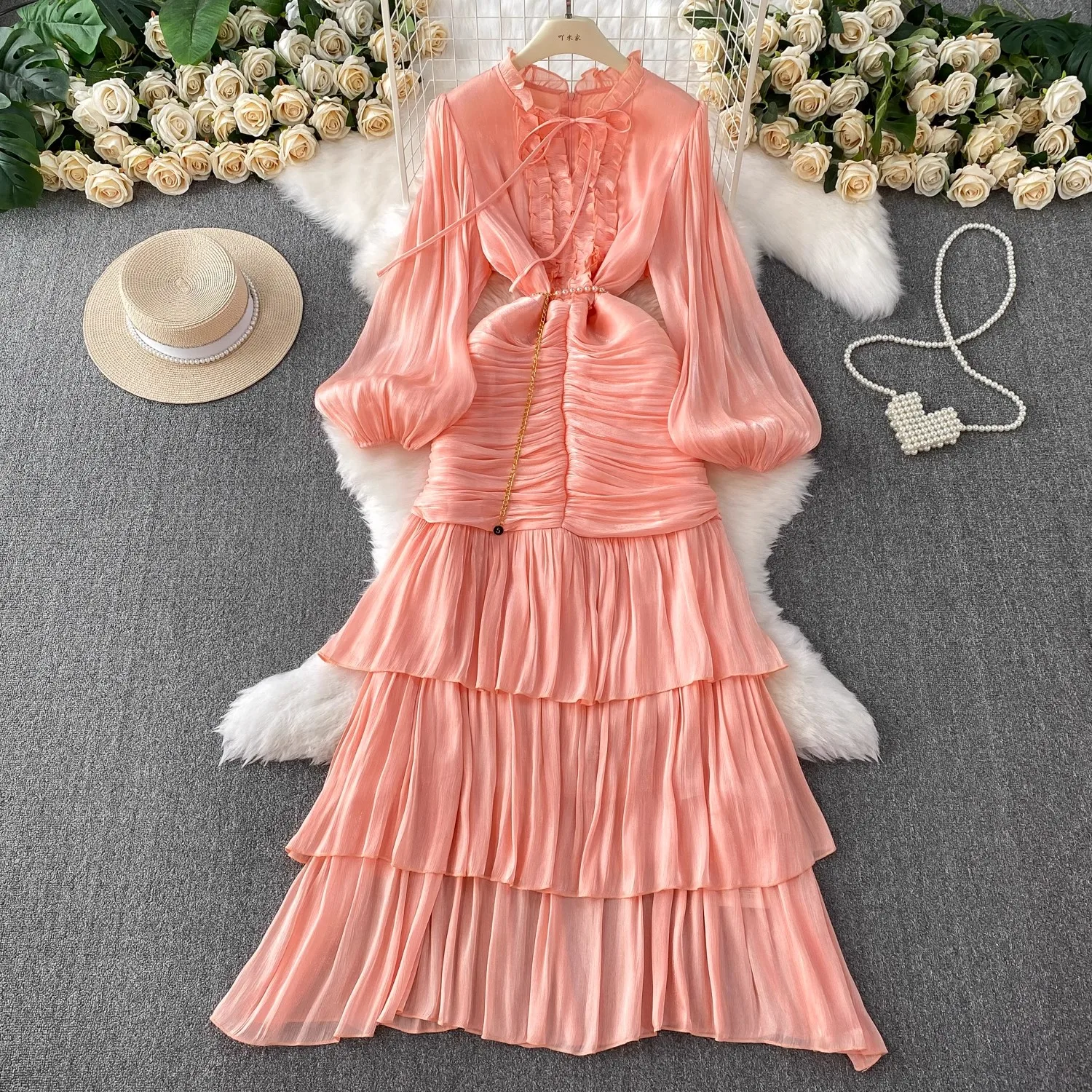 Francês elegante babados rendas longo vestido de baile de noite para mulheres manga longa lanterna frisado cinto ruched em camadas bodycon vestido