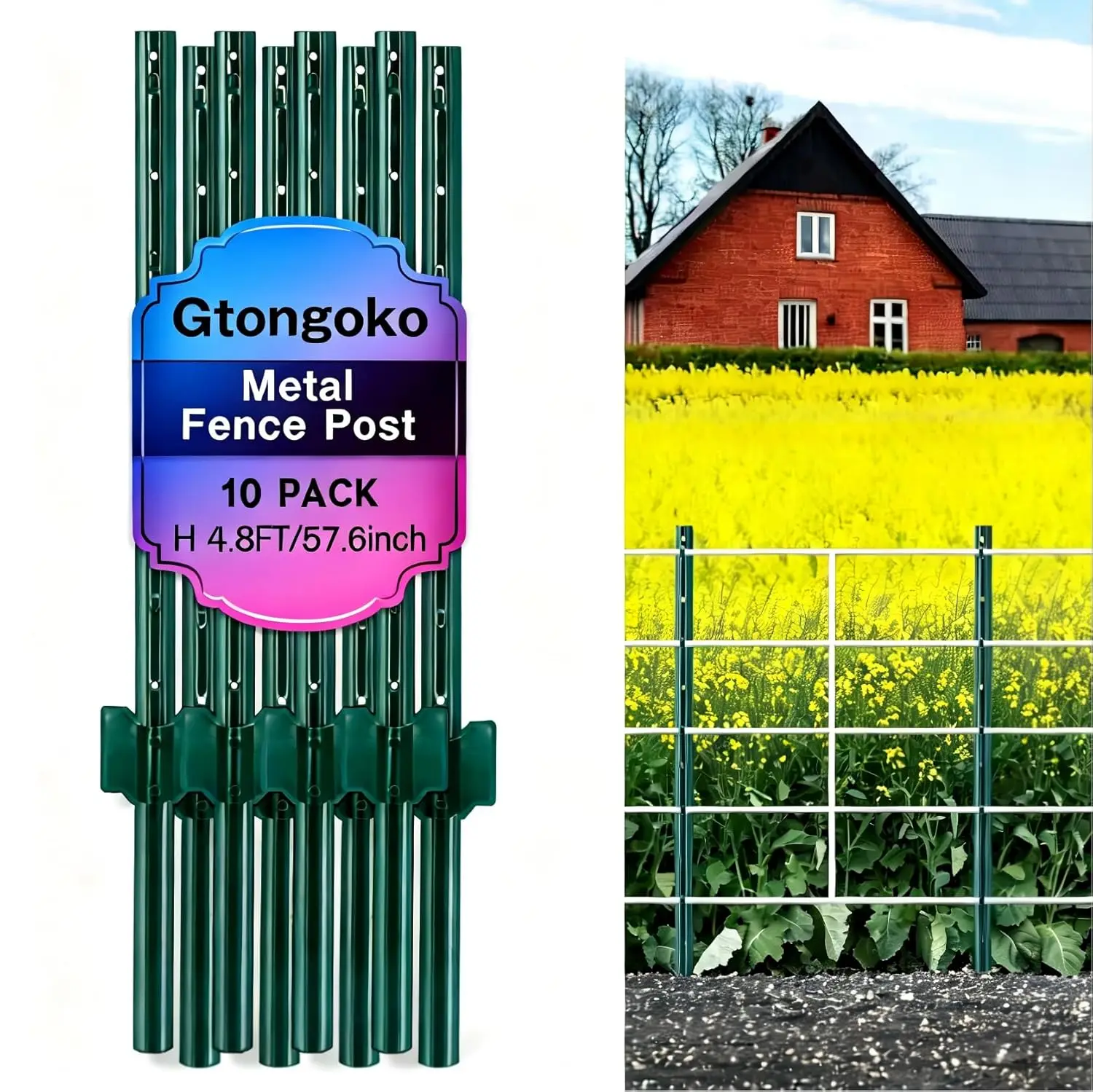 

Heavy Duty Metal Fence Posts, 10 Pack U Channel with Anchor Plate, Green Steel T Post for Garden Yard Farm Wire Fencing