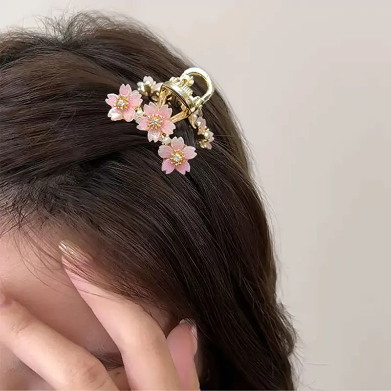 Pearl Rhinestone Sakura Hairpin Women Exquisite Bangs Side Small Size Shark Clip Girls Spring and Summer Hair Clip Headwear