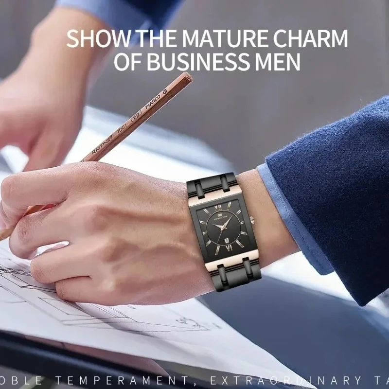VAVAVOOM Watches for Men Business Luxury Square Black Gold Stainless Steel Quartz Wristwatch Calendar Waterproof Watches for Men