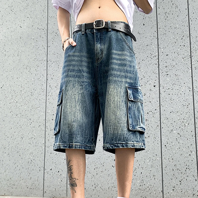 FEWQ High Street Niche Summer Denim Shorts 2024 Pleated Pocket Vintage New Korea Fashion Male Trousers Solid Color 24E1342