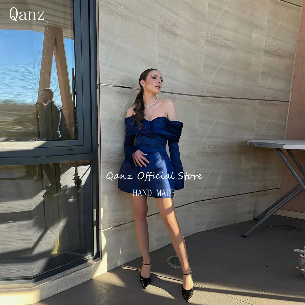 

Qanz Mini Sexy Prom Dresses Navy Blue Satin Off Shoulder Above Knee Robe Cocktail Femmes Long Sleeves Birthday Gown Customized