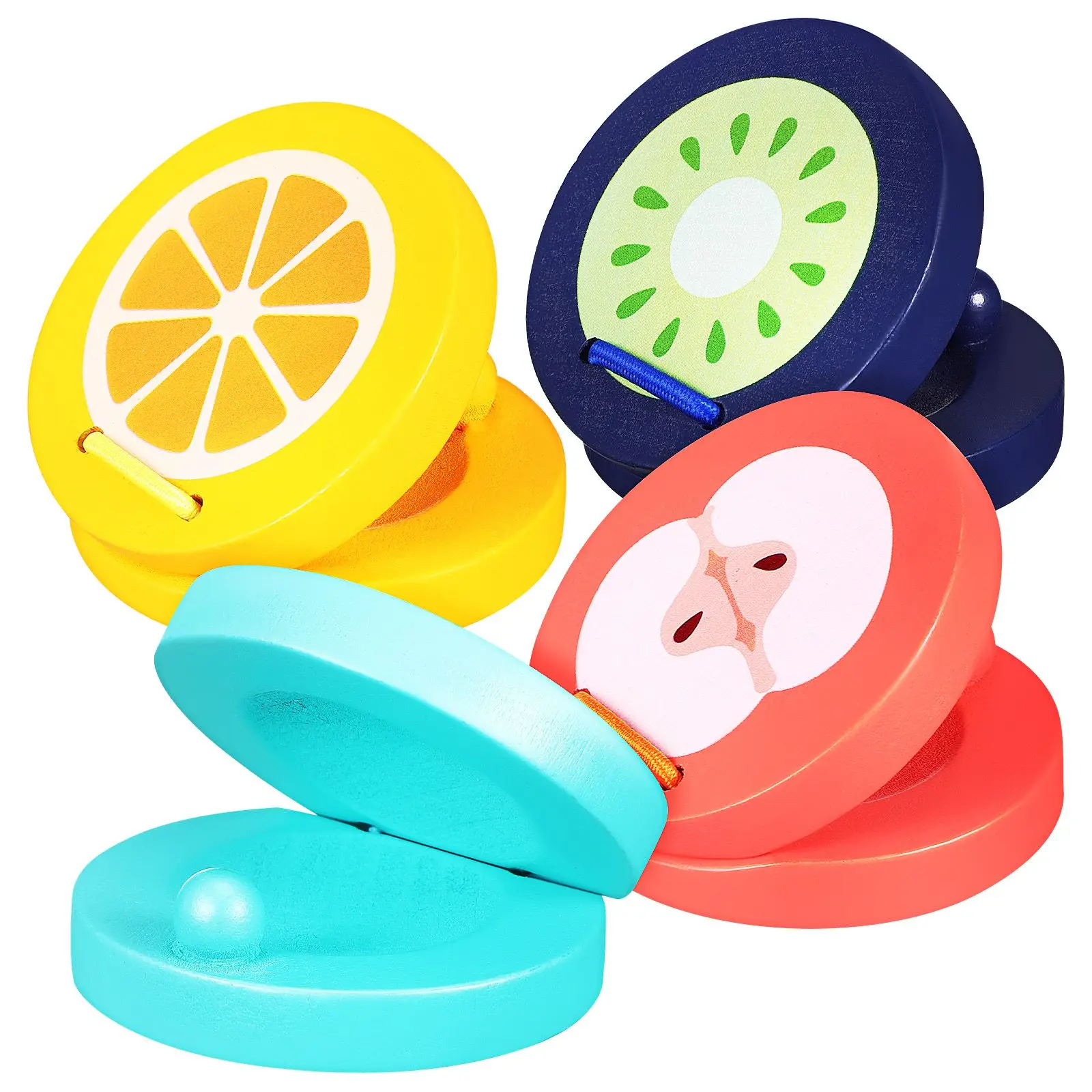 

4pcs Wooden Castanets Kids Musical Instrument Rhythm Finger Cartoon Fruit Pattern Smooth Educational Toy