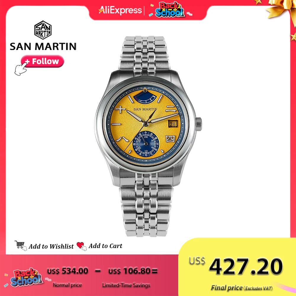 

San Martin New 39mm Men Watch Miyota 9132 Power Reserve Display Original Design Mechanical Watches Waterproof Luminous SN0144