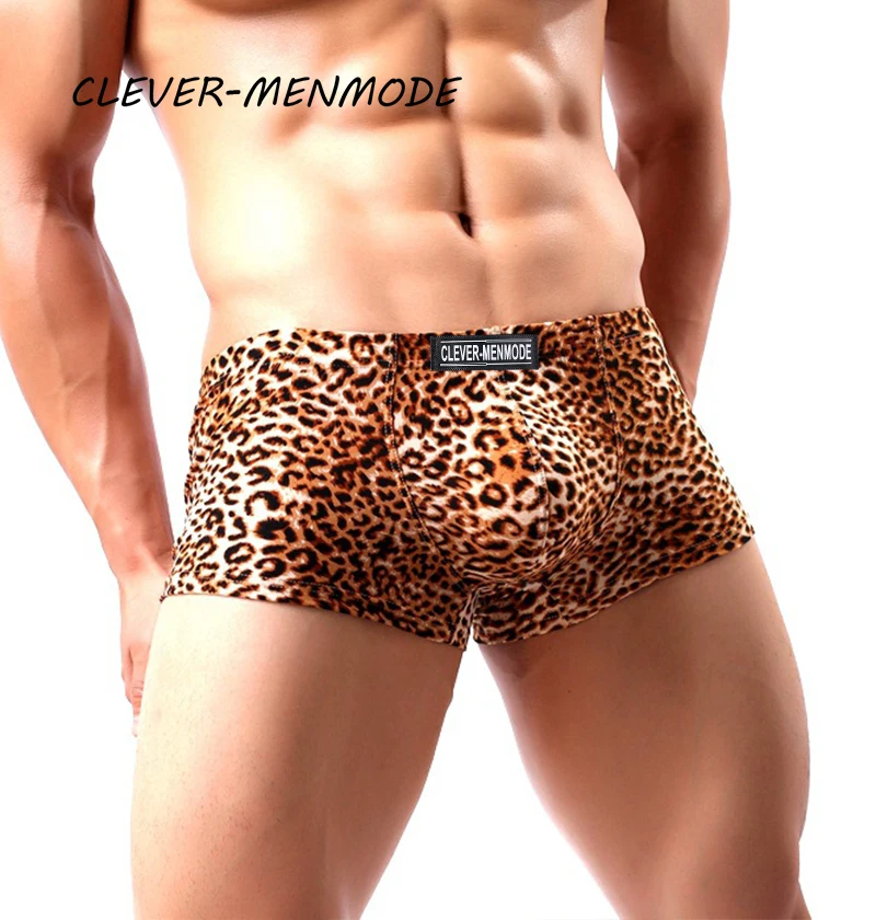 CLEVER-MENMODE Mens Sexy Leopard Boxer Hot Underwear Trunks Exótico Estilo Selvagem Calcinha Masculino Macio Respirável Confortável Cueca Hombre