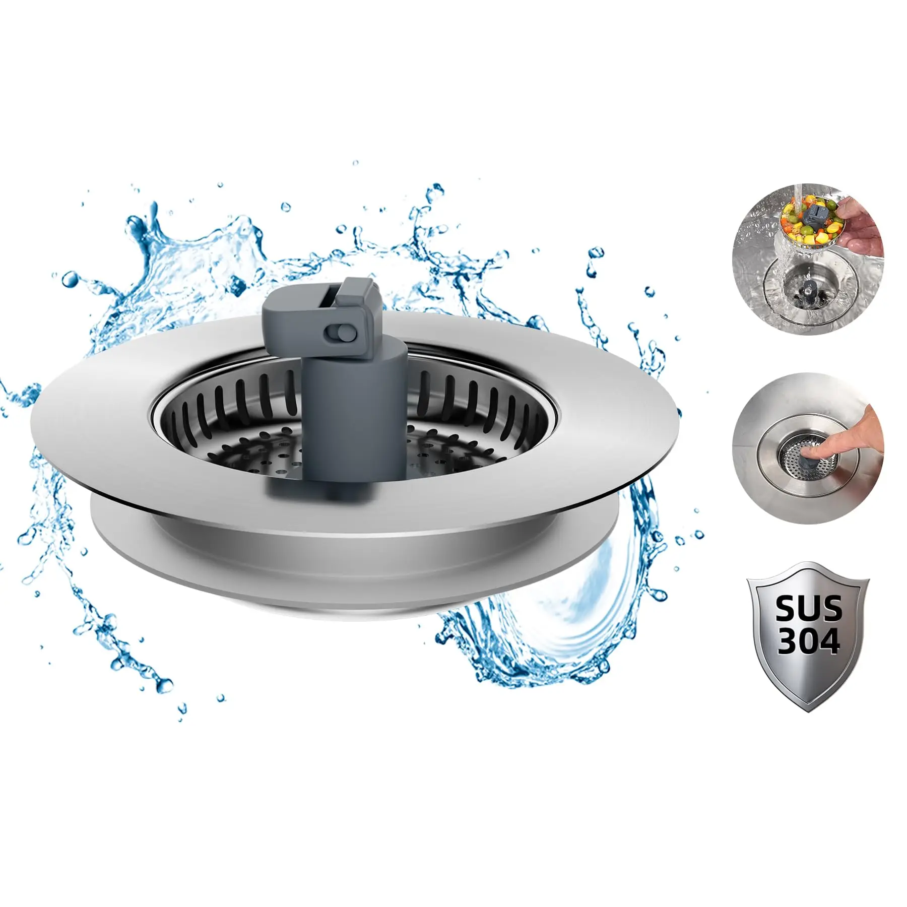 Hibbent Upgraded 3 in 1 Kitchen Sink Drain Strainer and Stopper Combo, Stainless Steel Metal Pop Up Sink Stopper,