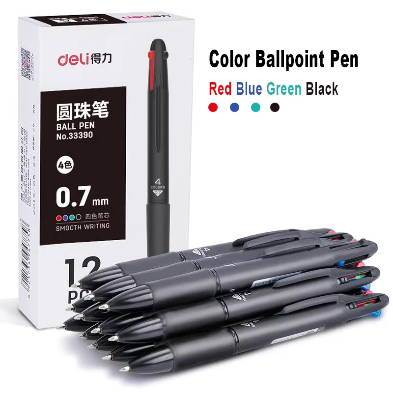 12pcs/lot Ballpoint Pen 4 In 1 Multicolor Pens Ink Refill Black Blue Green Red Press Bullet Smooth Writing Stationery Supplies