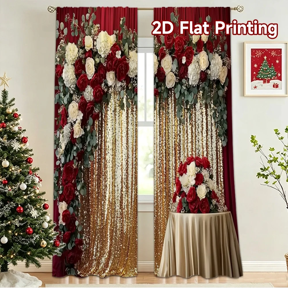 2D flat 2pcs Curtain Vintage drapes and curtains Wedding Red Rose Flowers Digitally printed polyester Festive Wall Decor for