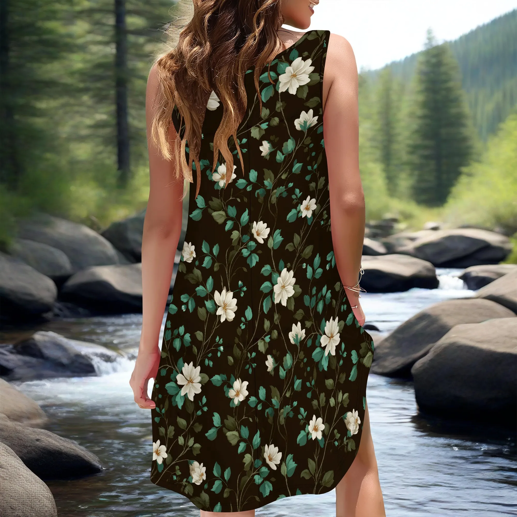 فستان تي شيرت صيفي كاجوال للنساء بياقة على شكل V فستان صيفي قصير مع جيوب