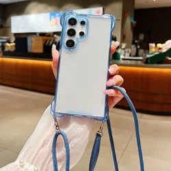 Four Corners Strap Case For Samsung Galaxy S24 Ultra S22 S23 Plus S21 S20 FE A55 Crossbody Lanyard Shockproof Candy Clear Cover
