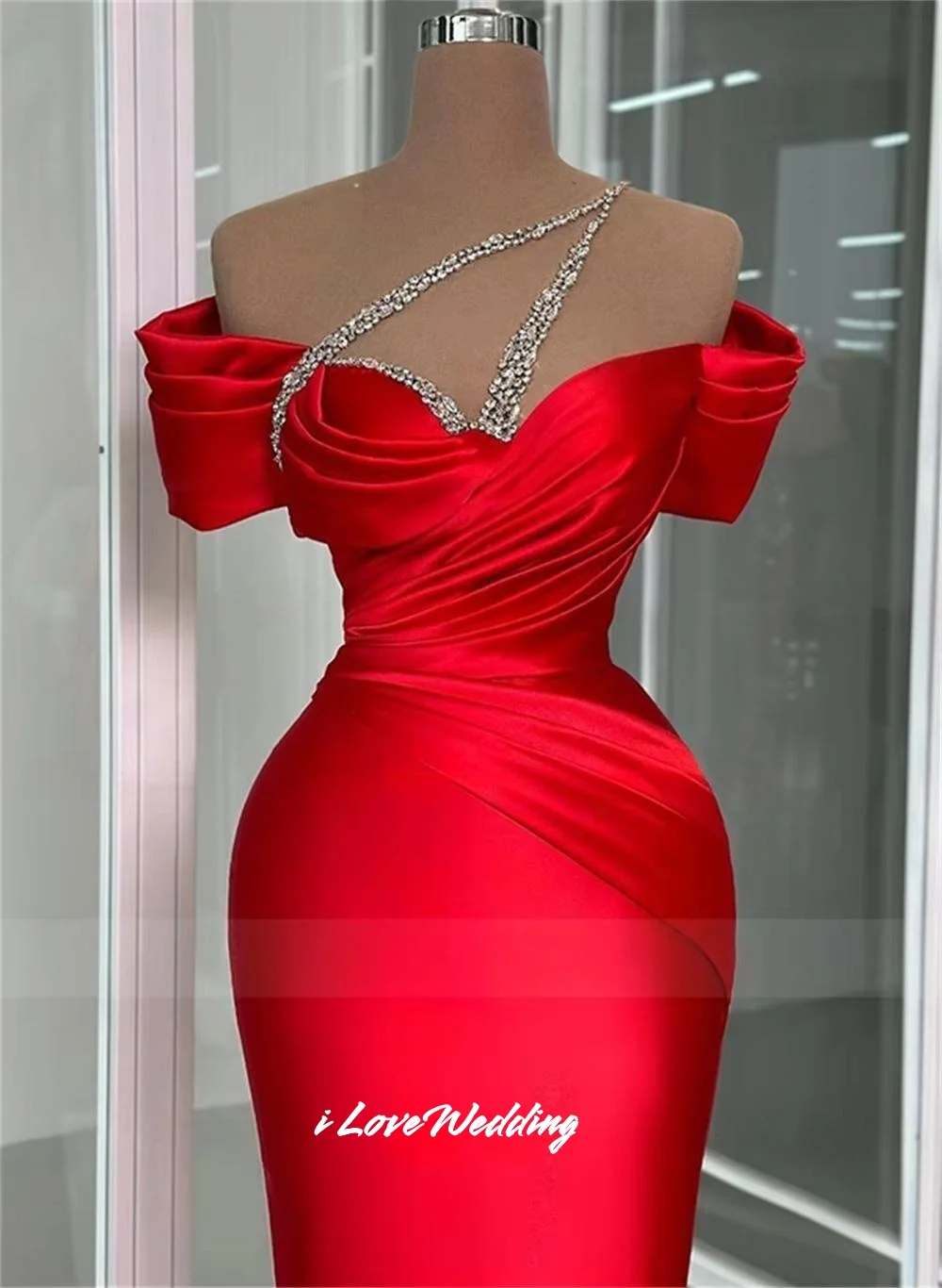 Czerwona suknia balowa syrenka z odkrytymi ramionami, zdobiona cyrkoniami, proste suknie wieczorowe, suknie na noc, długość do podłogi, plisowana, szyta na miarę.