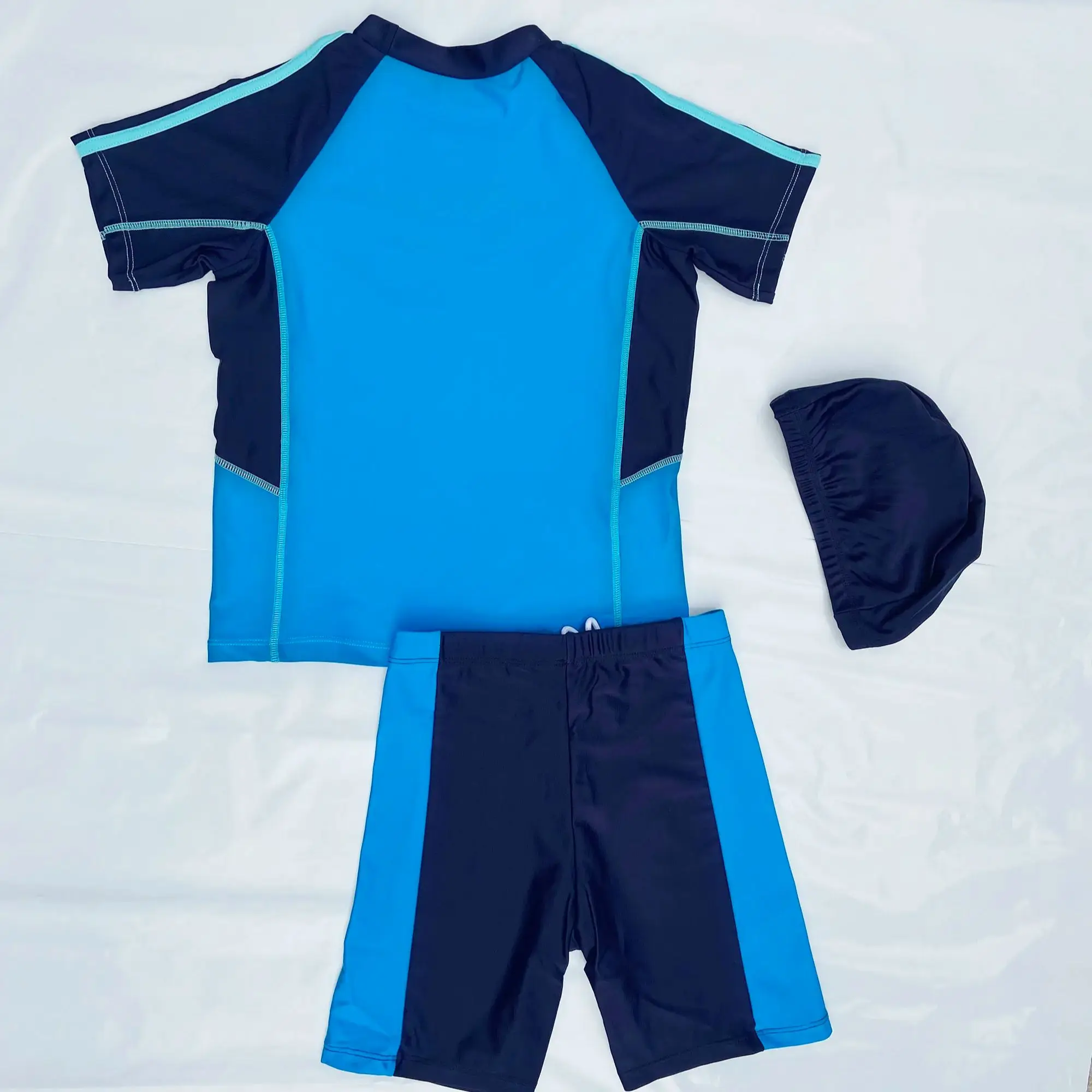 3pcs Boys Swimsuit Raglan Sleeve T-Shirt Top & Spliced Shorts & Swimming Cap Set Teen Kids Summer Beach Clothes Bathing Suits