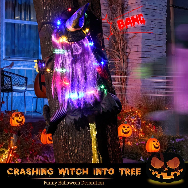 Halloween Crashing Witch into Tree Decoration Light-Up Hanging Decor Outdoor Porch Courtyard Lawn Glowing Flying Witch Halloween